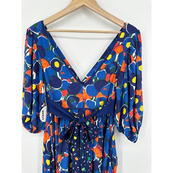 STAUD Affogato Maxi Dress V-Neck Balloon Sleeve Fruit Print Belted, Blue NWT - Picture 12 of 16